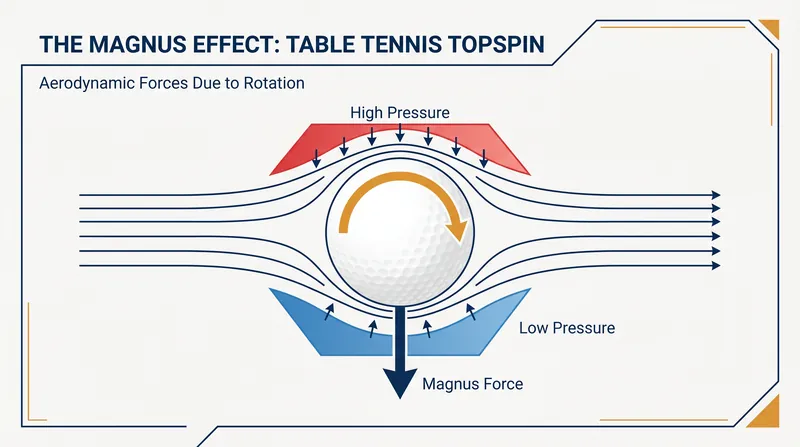 The Magnus effect creates a pressure differential that physically pushes the spinning ball toward the table.