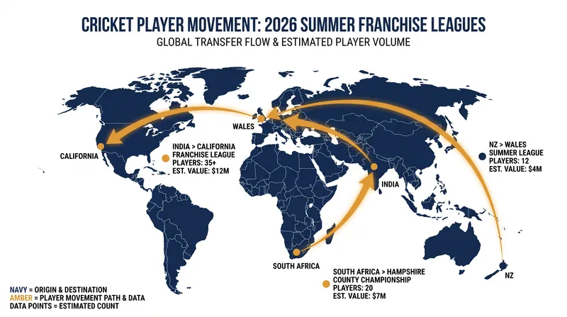 The global flight paths of top-tier cricket talent heading into the 2026 summer window.