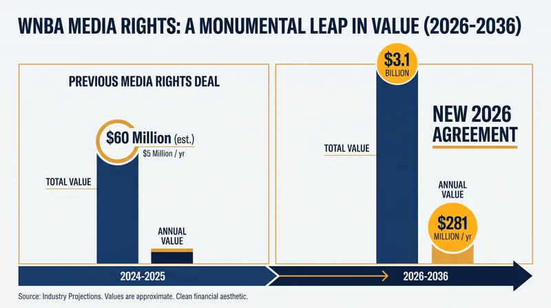 The WNBA's new media rights deal represents a 6.5x increase in annual broadcast revenue.