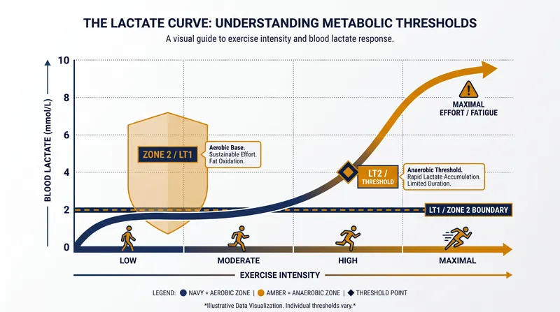 In Zone 2, the body clears lactate at the same rate it is produced, preventing the rapid accumulation seen at higher intensities.