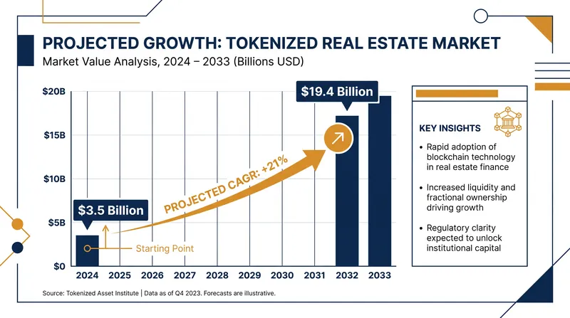 The tokenized real estate market is projected to grow at a 21% CAGR through 2033.