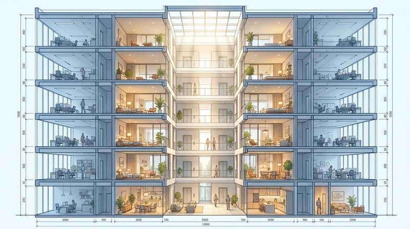 To meet residential building codes, architects often carve central light wells into deep office buildings to provide natural light to interior bedrooms.