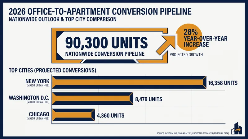 The national pipeline for office-to-apartment conversions has surged in 2026, led heavily by New York City.