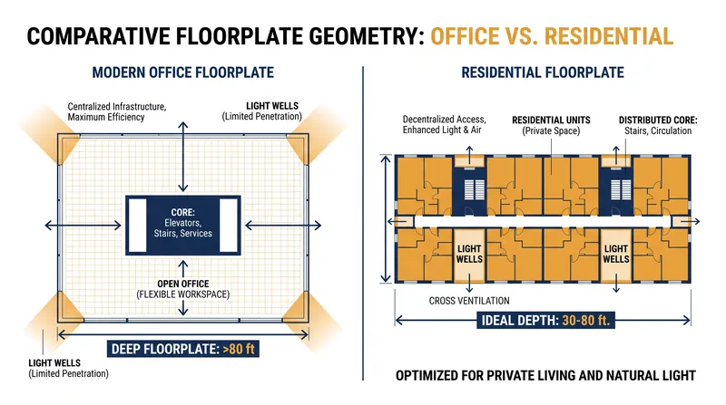 The 'Goldilocks' geometry: Why older, narrower buildings are easier to convert than modern deep-plate glass towers.