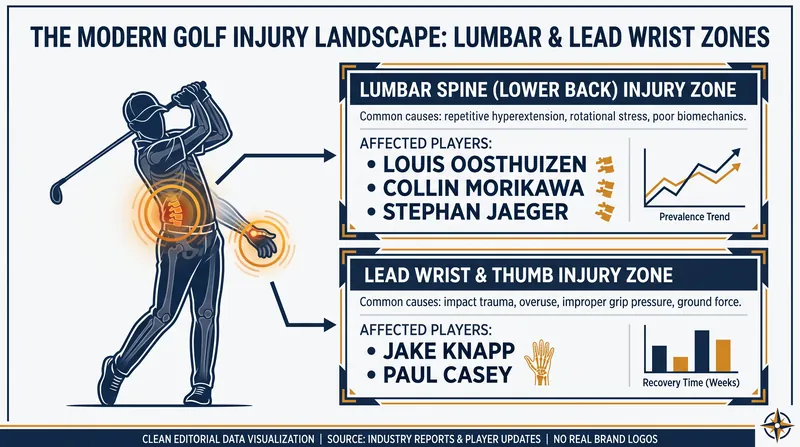 The physical toll of the modern golf swing primarily impacts the lumbar spine and lead wrist.