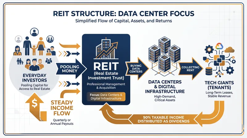 How REITs democratize real estate: pooling retail capital to fund massive projects and returning 90% of taxable income as dividends.