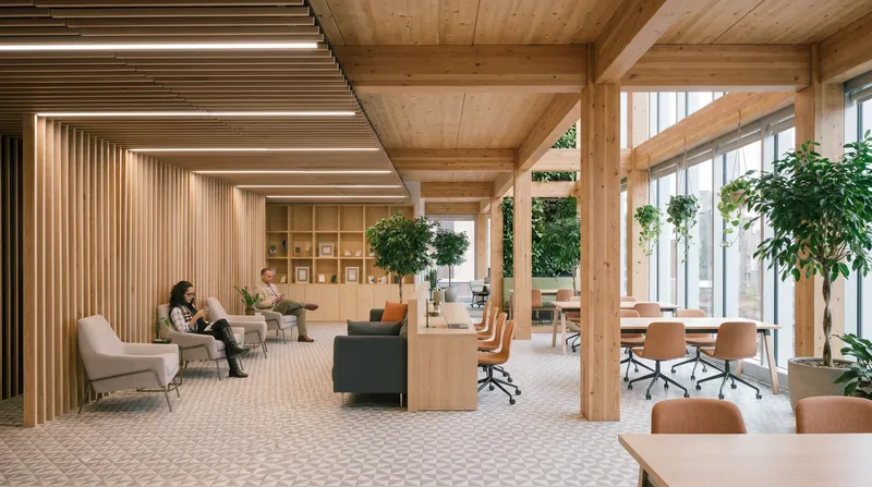 Major corporations are adopting mass timber for its biophilic benefits, creating warmer, nature-connected environments for employees.