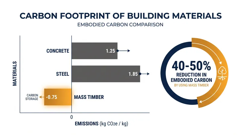 Mass timber acts as a carbon sink, locking away CO2 that trees absorbed during their lifetime.
