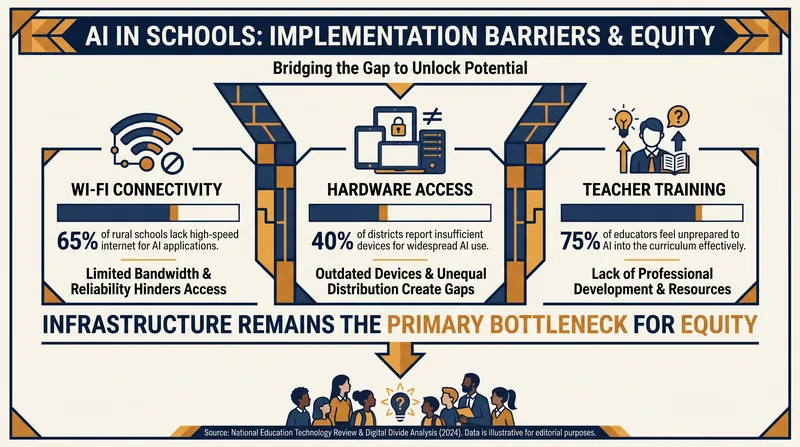 Infrastructural barriers, such as unreliable Wi-Fi and device shortages, remain significant hurdles to equitable AI implementation.