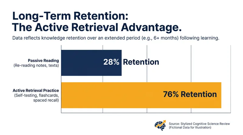 Studies consistently show that active retrieval dramatically outperforms passive re-reading.