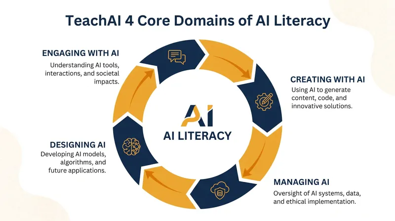 Modern AI literacy frameworks focus on critical thinking and ethical management rather than just technical coding skills.