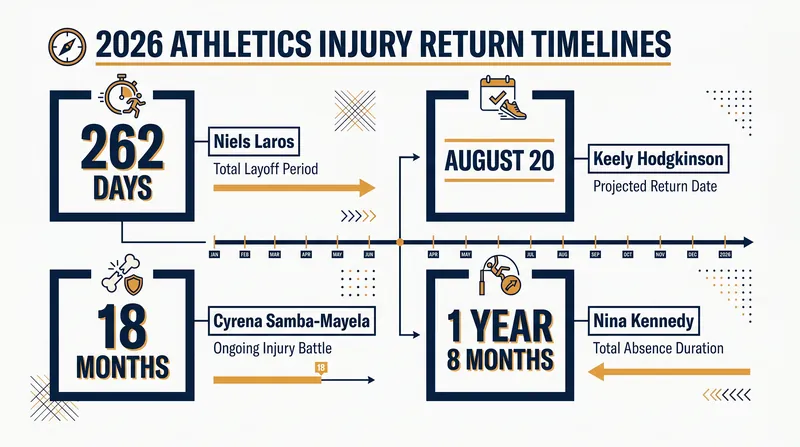 The duration of injury layoffs and targeted return dates for key track and field stars.