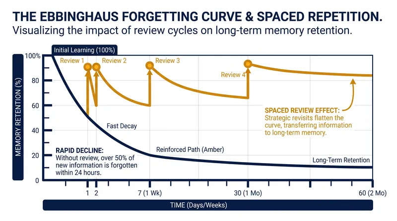 Spaced repetition interrupts the brain's natural forgetting process, flattening the curve over time.