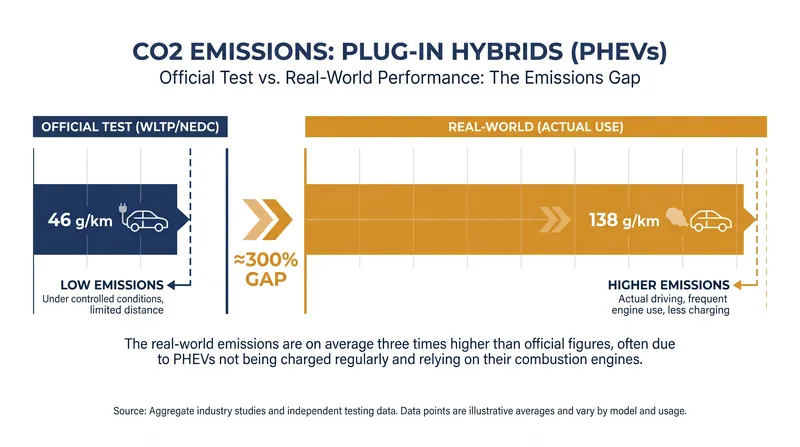 Real-world data shows PHEV emissions are much higher than lab tests, largely because owners fail to plug them in.