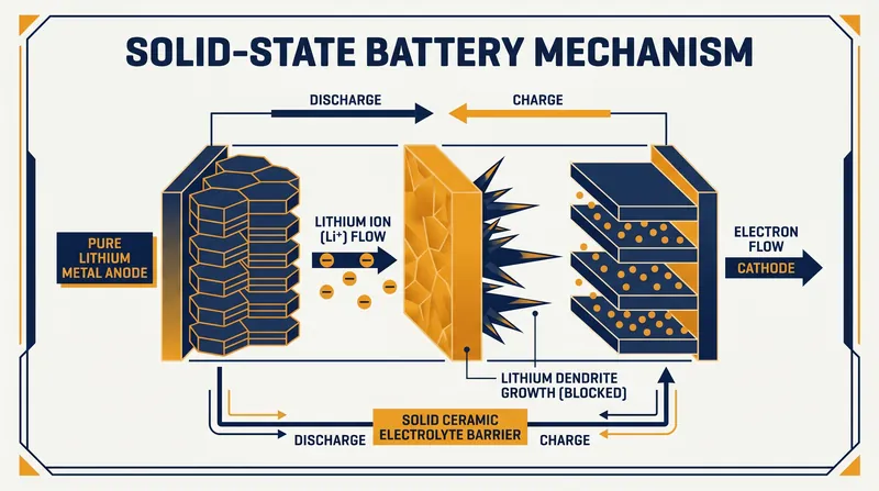 A rigid solid electrolyte acts as a physical barrier, preventing microscopic dendrites from causing short circuits.