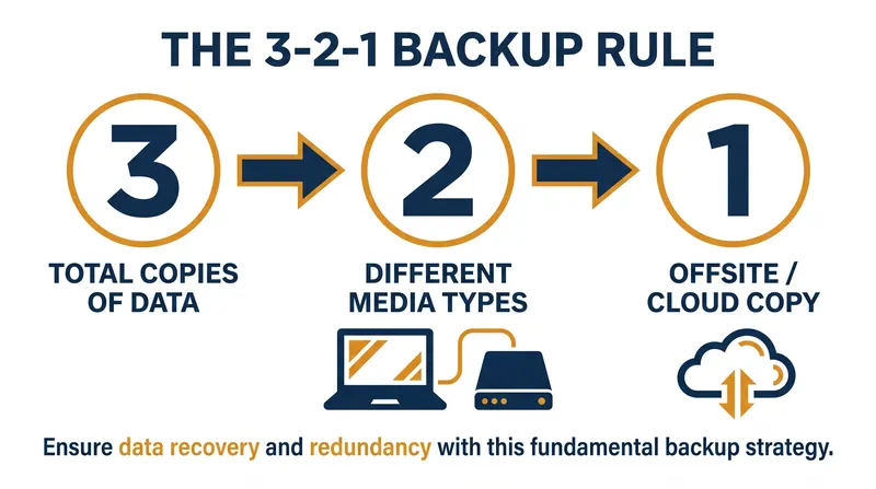 The 3-2-1 rule is the industry standard for ensuring critical data survives hardware failure or ransomware.