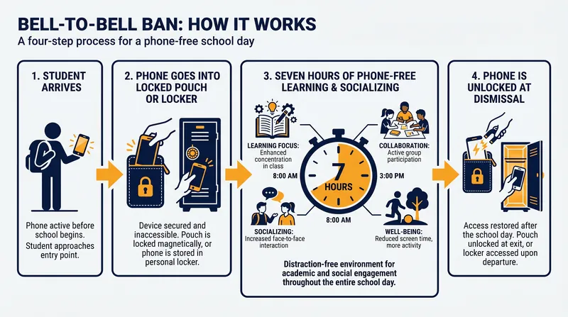 The mechanism of a bell-to-bell ban ensures physical separation from the device during the entire school day.