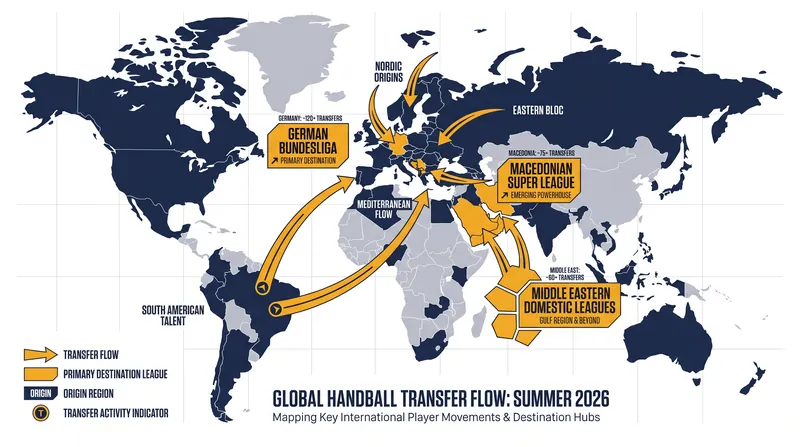 Global talent flow during the 2026 summer handball transfer window.