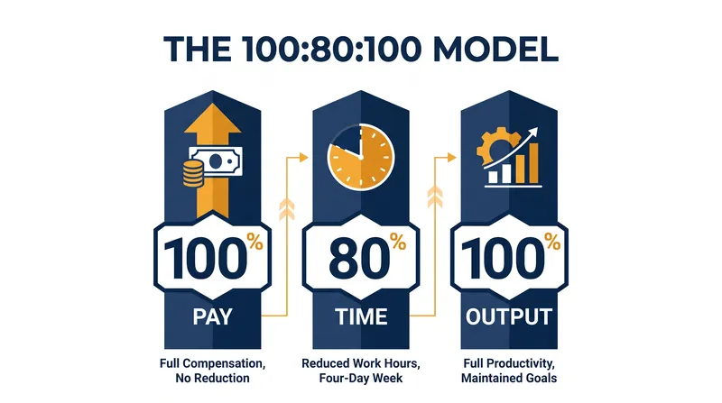 The 100:80:100 model requires workers to maintain their previous output in exchange for an extra day off.