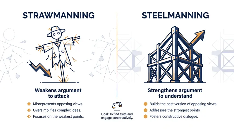 The conceptual difference between a straw man and a steel man argument.