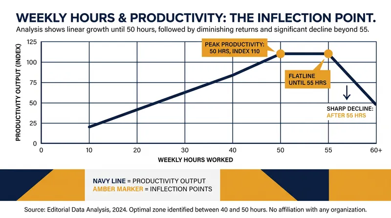 Research shows that working beyond 55 hours a week yields near-zero additional productivity while spiking health risks.