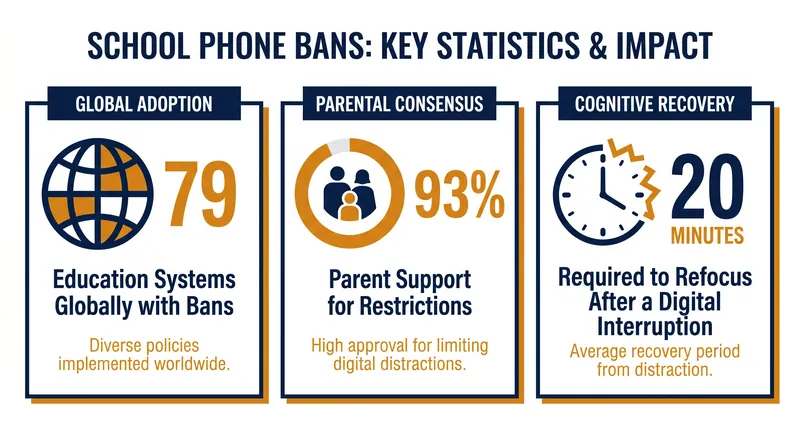 The global momentum behind phone-free schools is driven by concerns over cognitive distraction and widespread parent support.