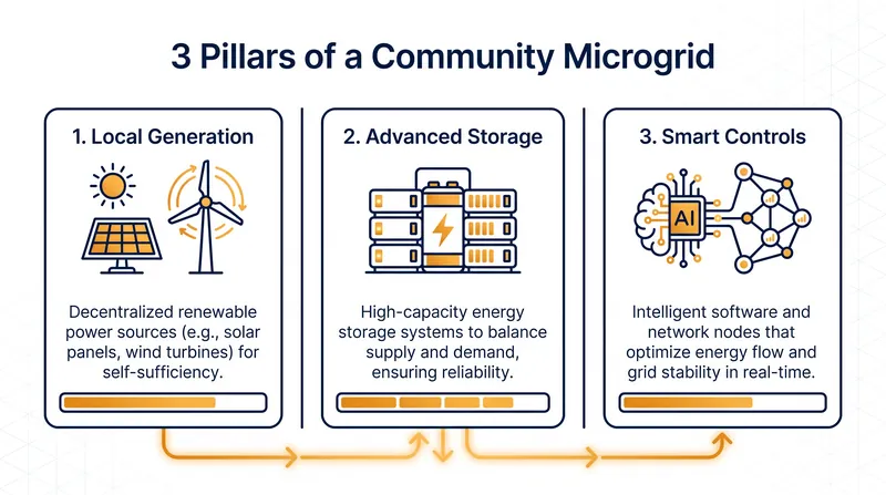 The three core components that allow a microgrid to generate, store, and manage electricity locally.