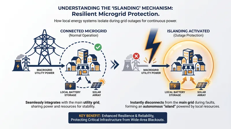 During a broader blackout, a microgrid can 'island' itself, severing its connection to the main grid to keep the local community powered.