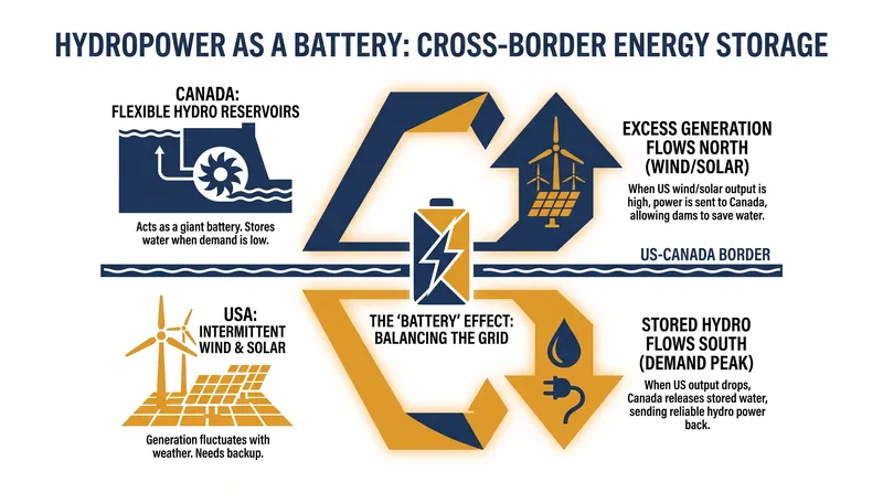 The two-way flow of electricity allows US grid operators to use Canadian reservoirs as a massive energy storage system.