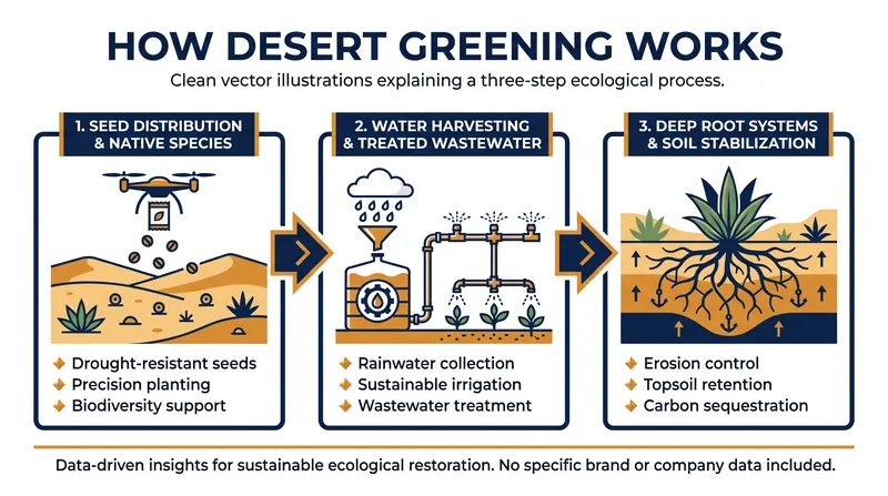 Desert afforestation relies on native species that naturally stabilize shifting sands.