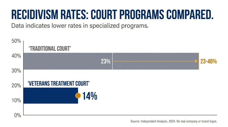 Veterans who complete specialized treatment programs reoffend at significantly lower rates than those processed through traditional courts.