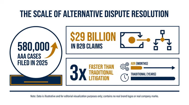 Arbitration and mediation handle hundreds of thousands of cases annually, drastically reducing resolution times.