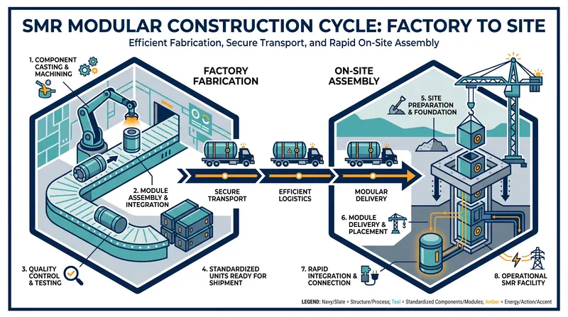 Unlike traditional nuclear plants built entirely on-site, SMRs are prefabricated in factories and shipped as modules.