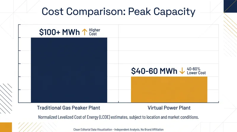 VPPs provide peak capacity at a significantly lower cost than building new fossil-fuel peaker plants.