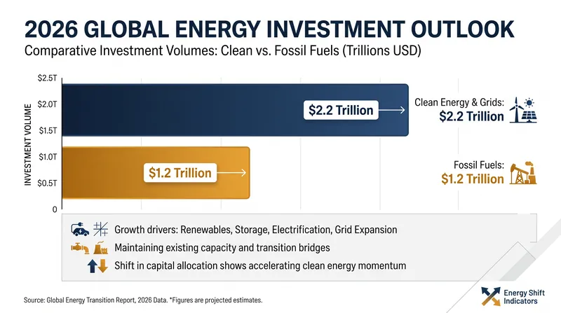 Clean energy and grid infrastructure are projected to attract nearly double the investment of fossil fuels in 2026.