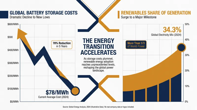 As battery costs hit record lows, renewable energy's share of global electricity generation has surged.