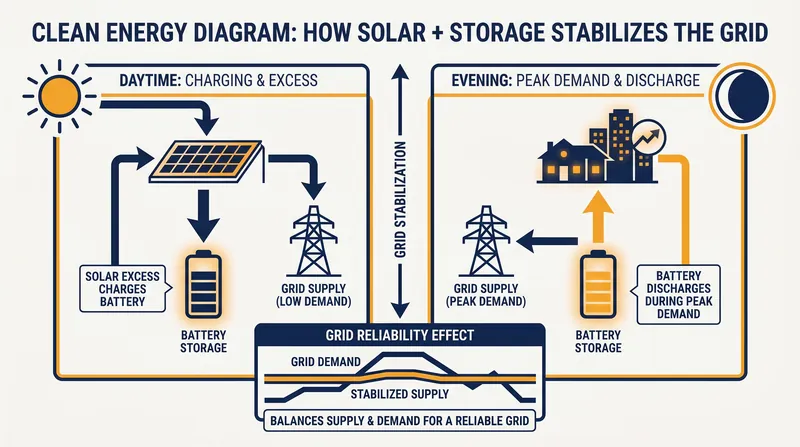 Batteries solve the intermittency problem by storing excess midday solar power for use during evening demand peaks.