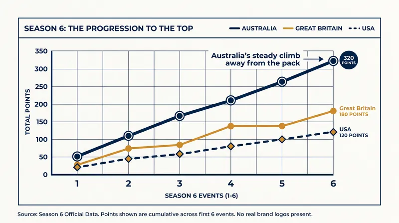 Australia's consistent podium finishes have allowed them to break away from the rest of the fleet.