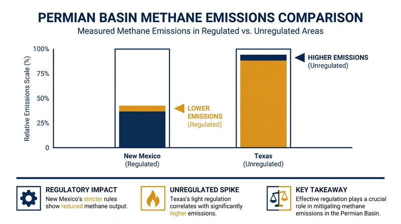 Satellite data reveals that strict state-level regulations in New Mexico have successfully halved methane emissions compared to neighboring Texas.