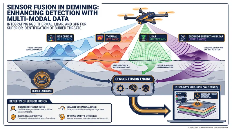 Sensor fusion combines multiple data streams to detect explosives that a single camera or metal detector would miss.