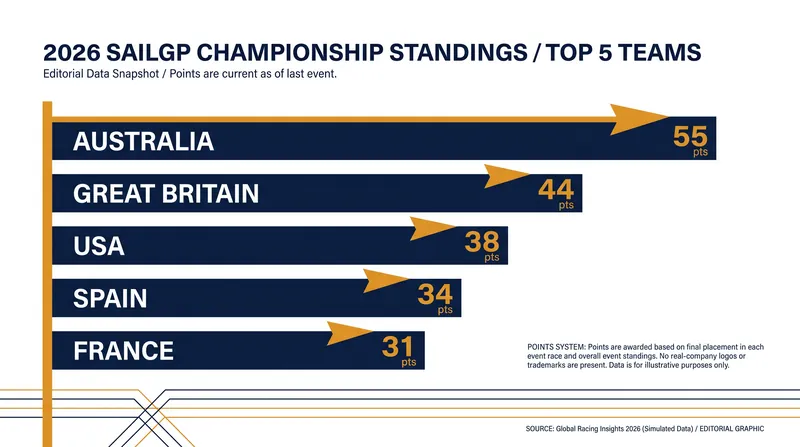 Current top 5 standings in the 2026 SailGP Championship.