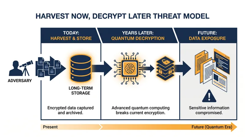 The 'harvest now, decrypt later' strategy incentivizes adversaries to steal encrypted data today for future exploitation.