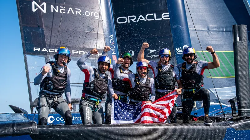 Tom Slingsby and the BONDS Flying Roos celebrate their third consecutive event victory.
