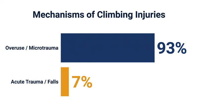 While dramatic falls capture attention, the vast majority of climbing injuries stem from chronic microtrauma and overuse.