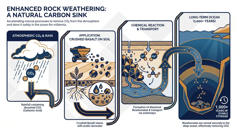 The chemical mechanism of enhanced rock weathering permanently locks carbon in the ocean as dissolved bicarbonates.
