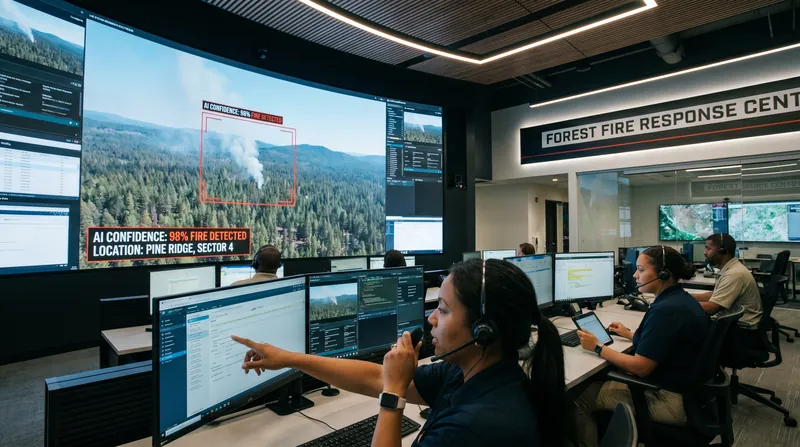 Human analysts review AI-flagged anomalies to confirm the presence of a fire before dispatching crews.