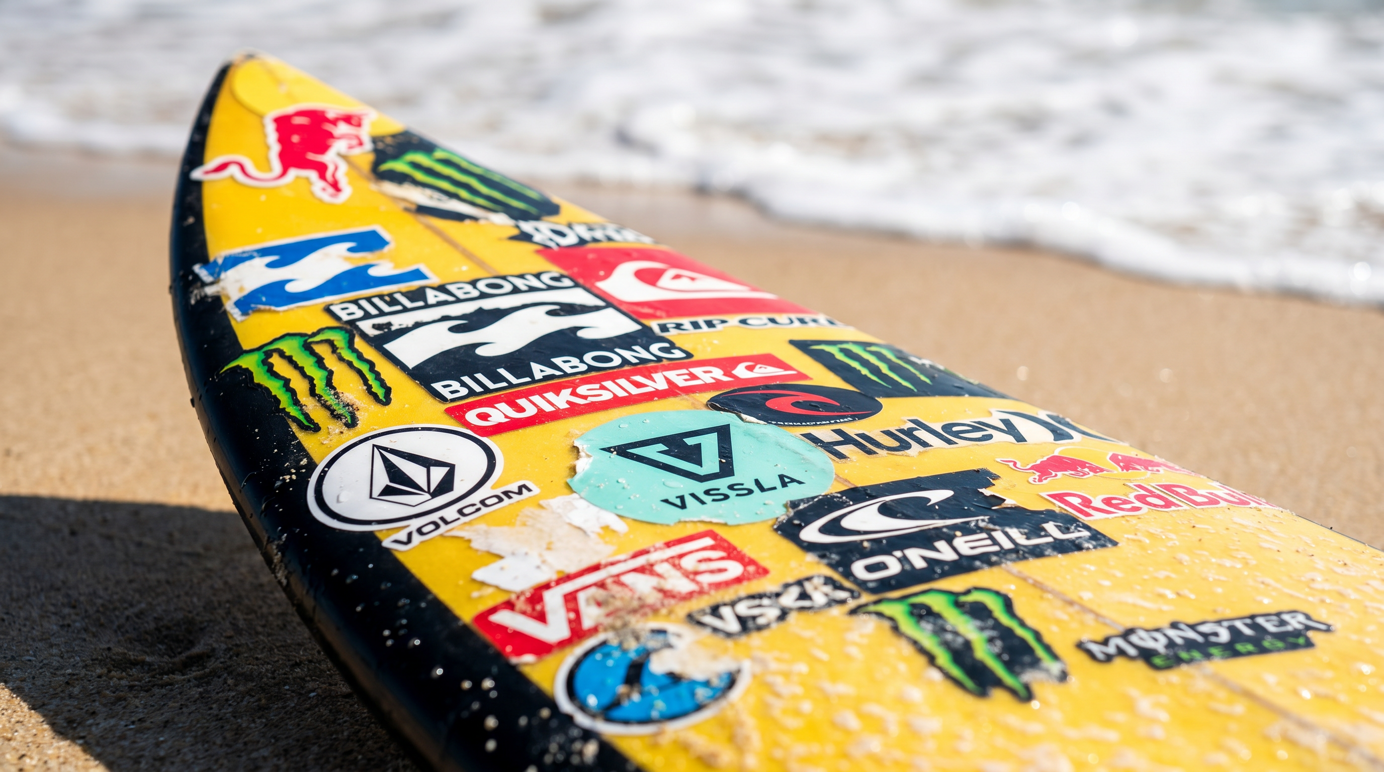 The nose of a surfboard remains the most valuable real estate in the sport's sponsorship economy.