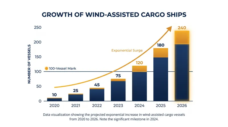 The International Windship Association projects exponential growth in wind propulsion installations through 2026.