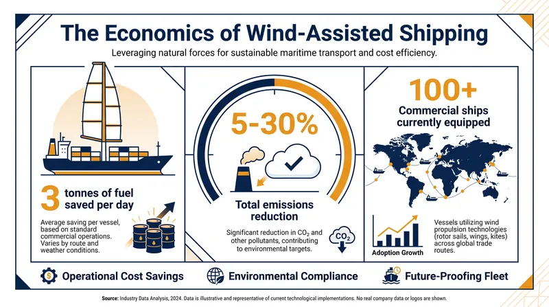 Wind-assisted propulsion offers immediate fuel savings without the need for new bunkering infrastructure.