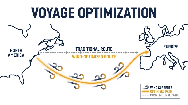 AI-driven voyage optimization routes ships to catch favorable winds, maximizing fuel savings.